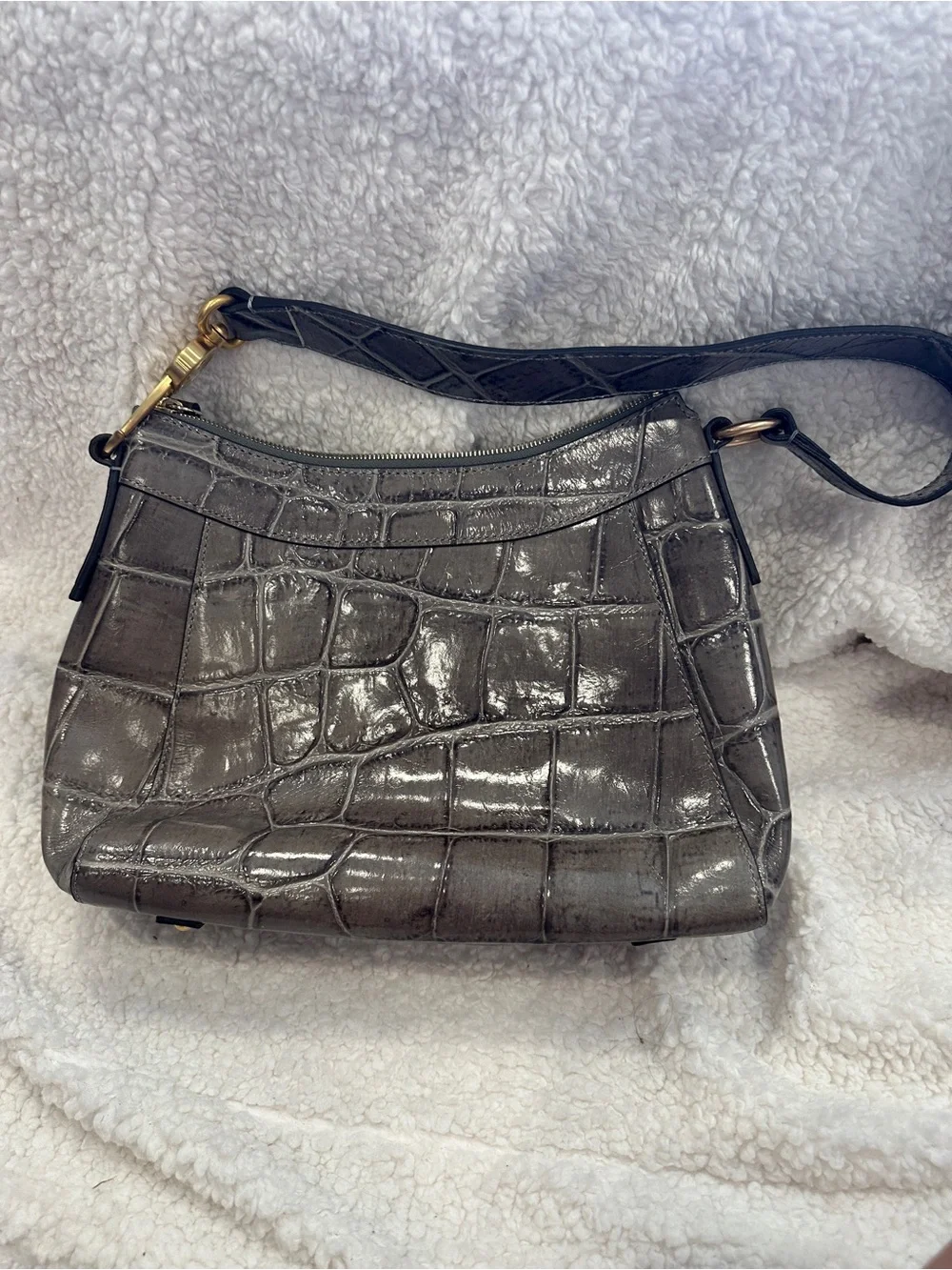 Dooney & Bourke Gray Croc-Embossed Shoulder Bag with Gold Hardware